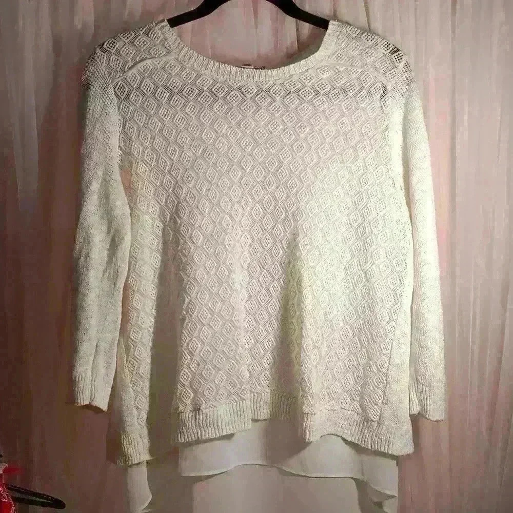 Womens S white cream Lucky Brand sweater 2 layer knit crochet detail button back